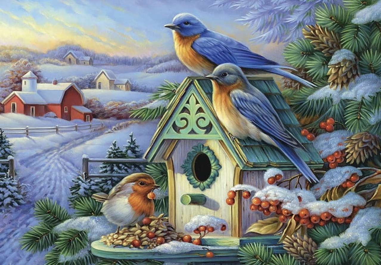 Złoty zimowy poranek w domku dla ptaków puzzle online