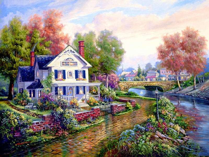Dom nad rzeką wiosną puzzle online