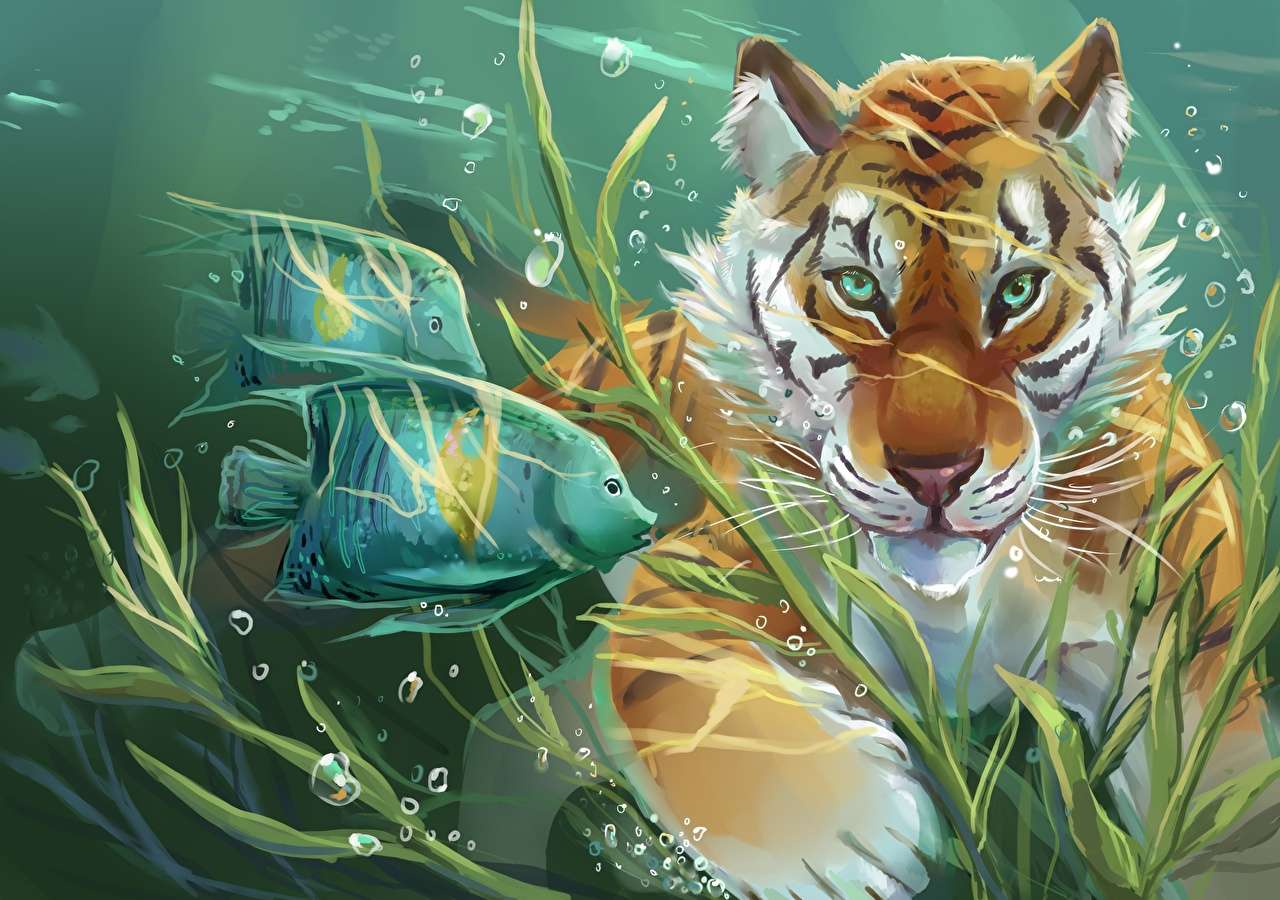 Tygrys polujący w wodzie puzzle online