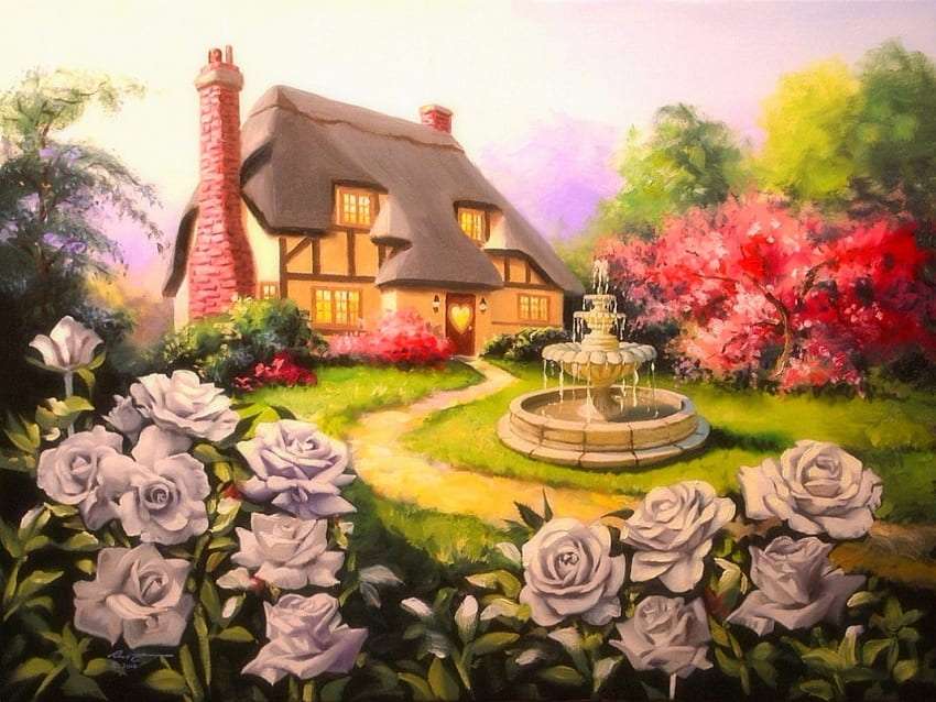 Uroczy domek wśród liliowych cudnych róż puzzle online