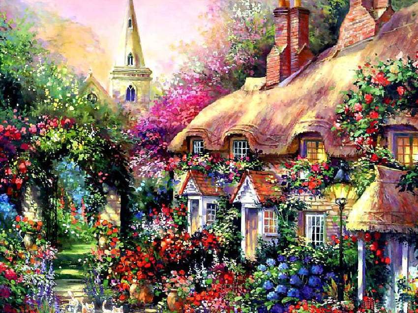Wiejska angielska chata w pełni lata, coś pięknego puzzle online