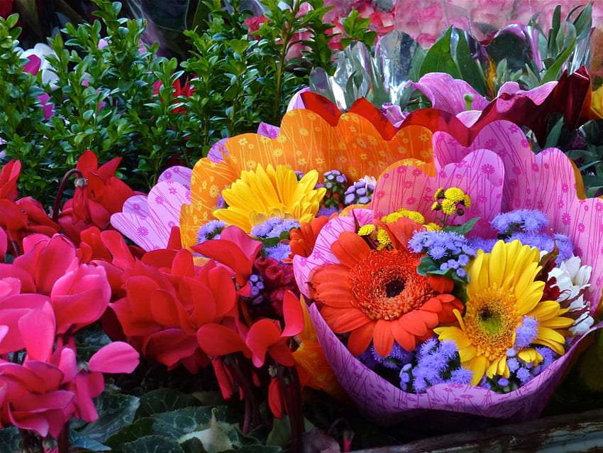Kolorowy bukiet wśród kwiatów, cudo puzzle online