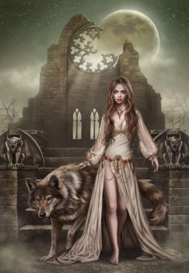 młoda kobieta i jej wilk w ruinach w nocy puzzle online