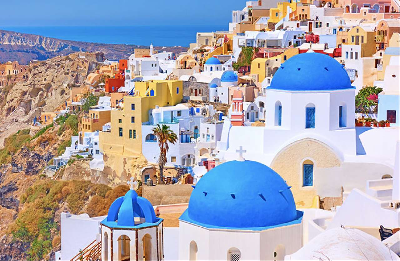 Santorini- Błękitne Kopuły, cykladzka architektura puzzle online