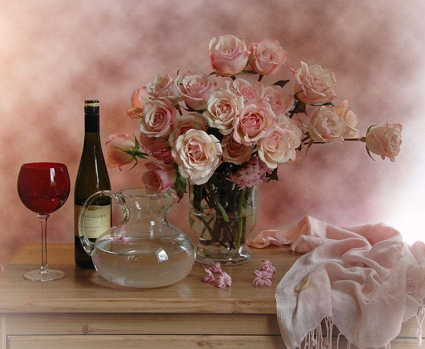 Jak zawsze piękne róże i lampka wina puzzle online