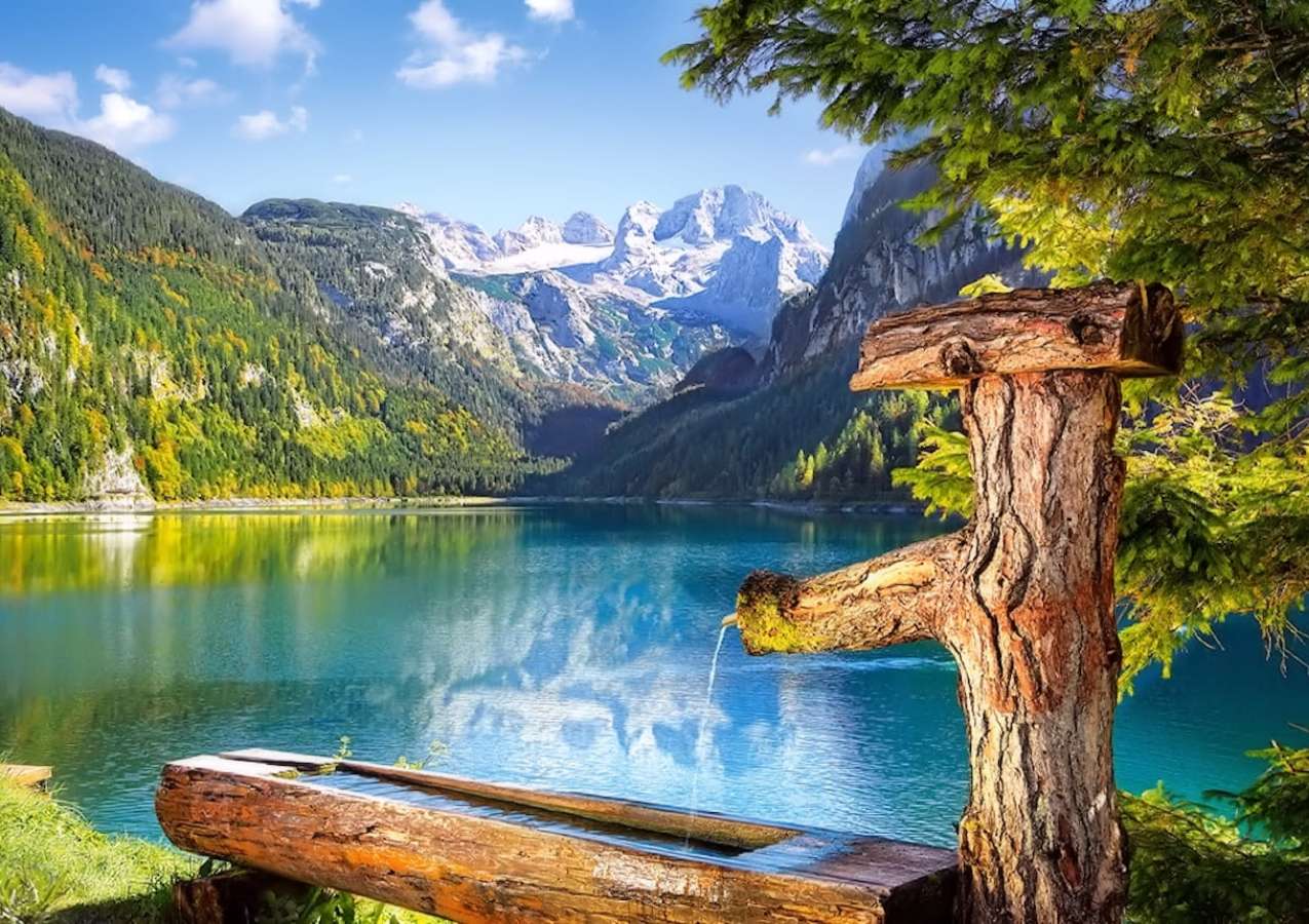 Austria -Jezioro Gosau z uroczą pompą drewnianą puzzle online