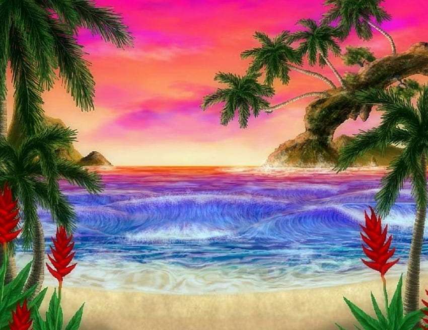 Piękna kolorowa plaża po zachodzie słońca puzzle online