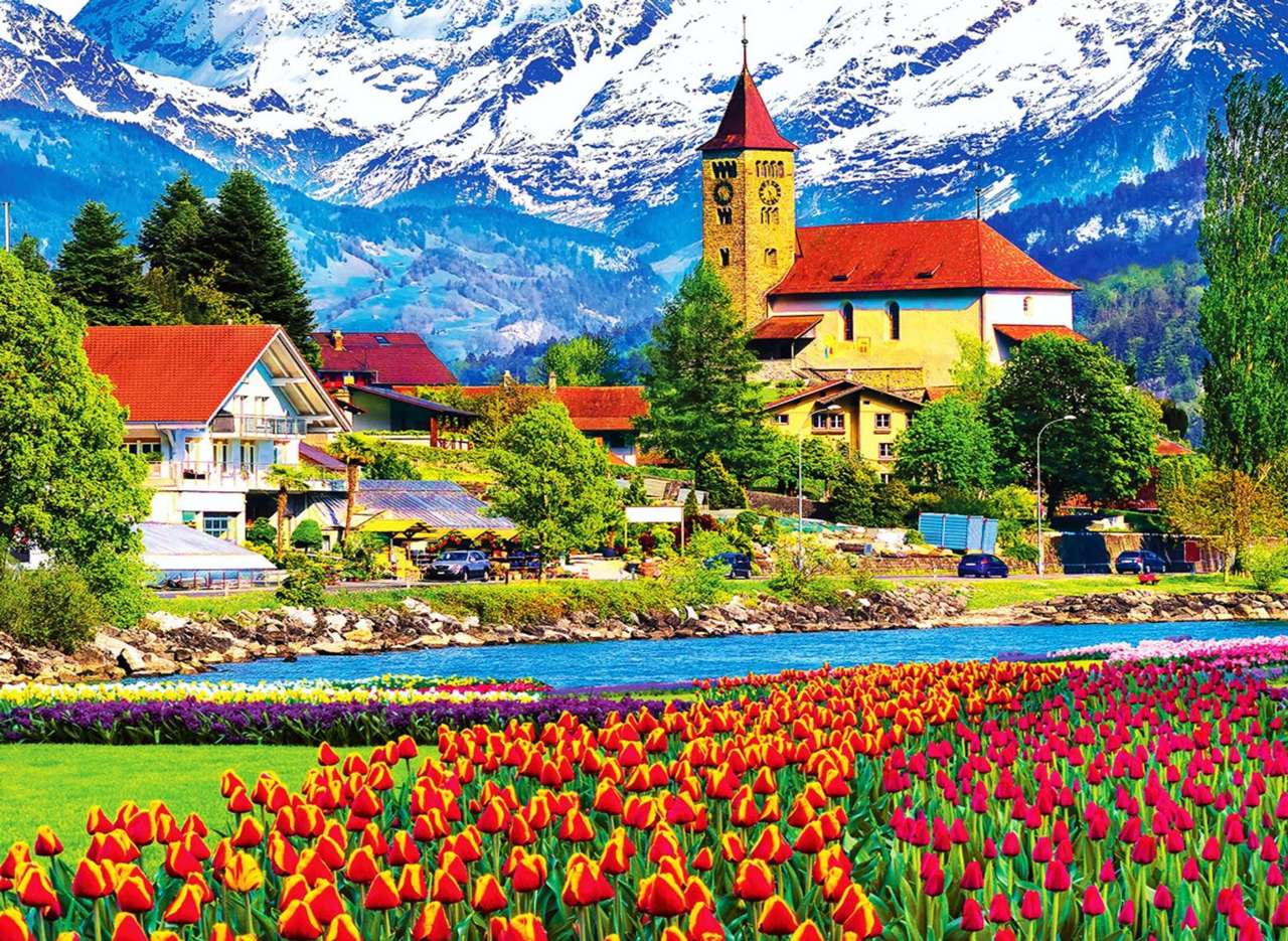 Szwajcaria -Kwiaty miasteczka Brienz, piękny widok puzzle online