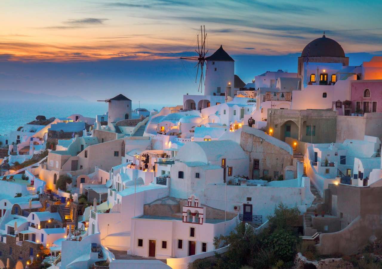 Grecja-Santorini o zachodzie słońca, bajkowy widok puzzle online