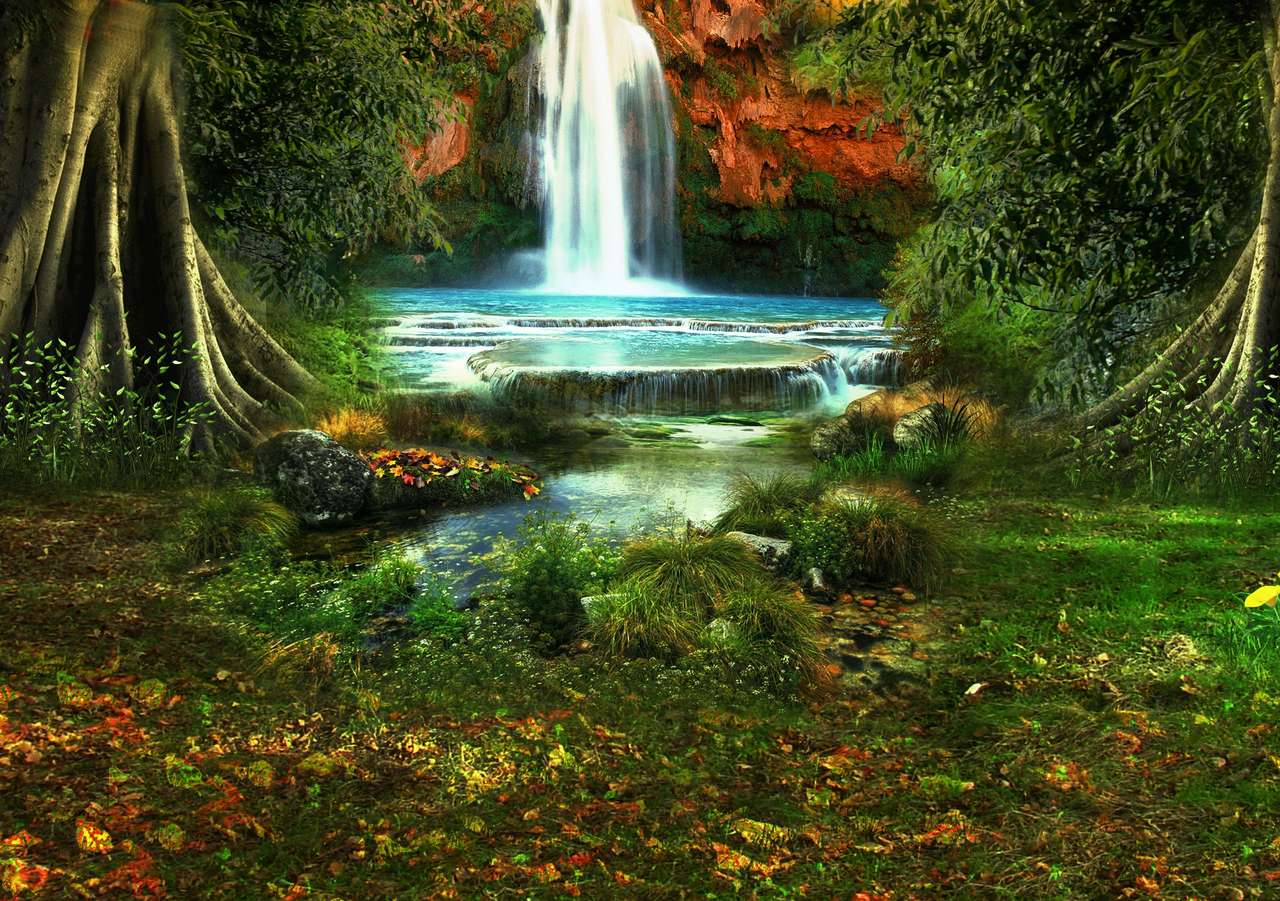 Prze-cudny jesienny krajobraz przy wodospadzie puzzle online