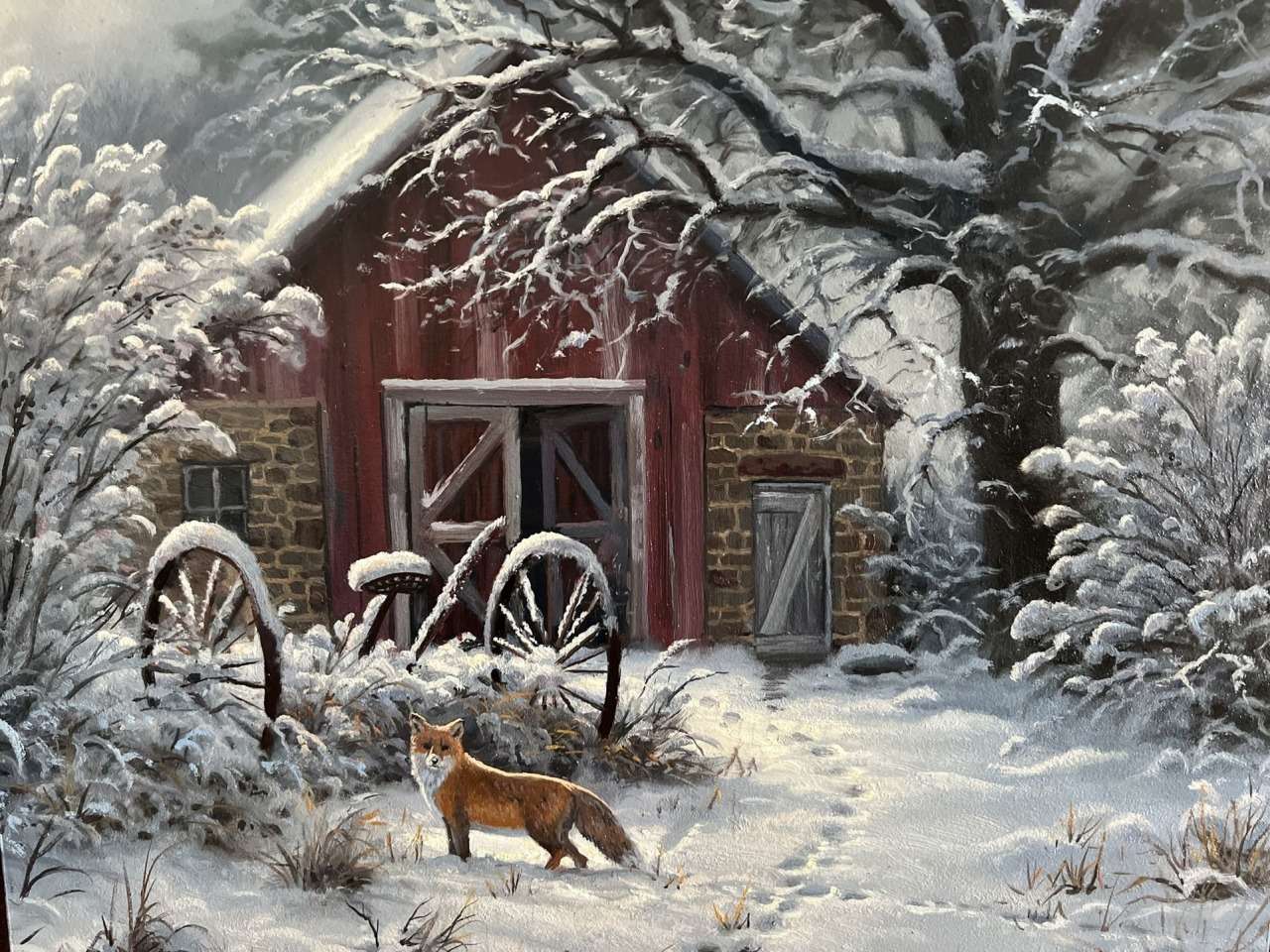 Stara stodoła i jej gość w zimowej szacie:) puzzle online