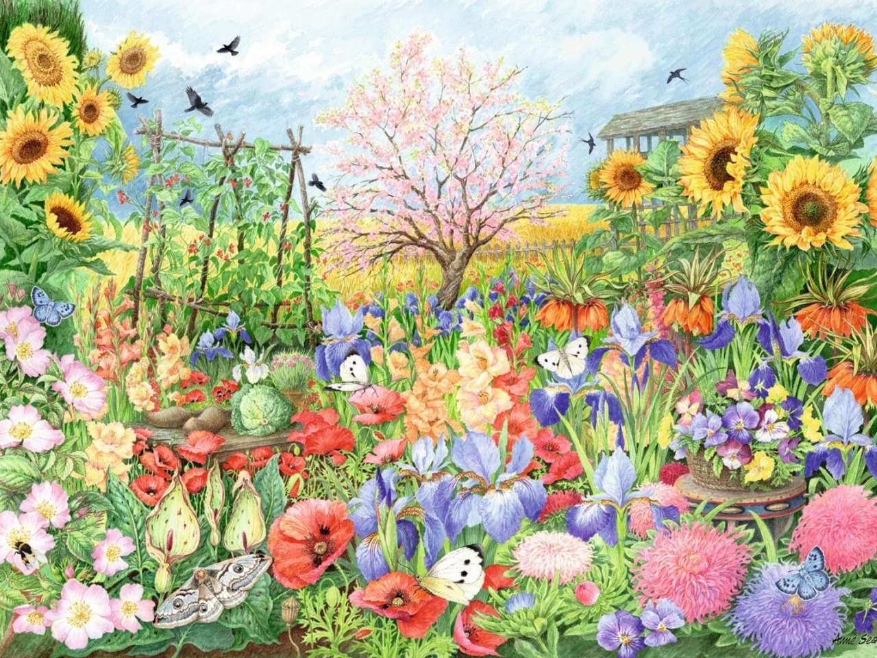 Słonecznikowy pełen kolorów ogród, piękno zachwyca puzzle online