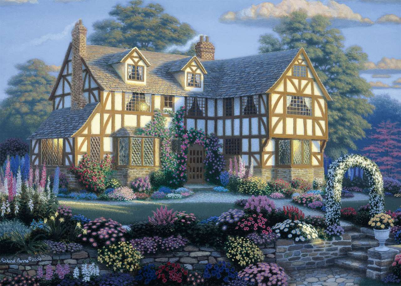 Angielski domek i jego ogród kwiatowy puzzle online