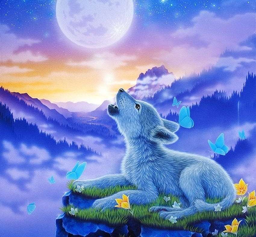 Śpiewająca do księżyca w pełni wilczyca na wiosnę puzzle online