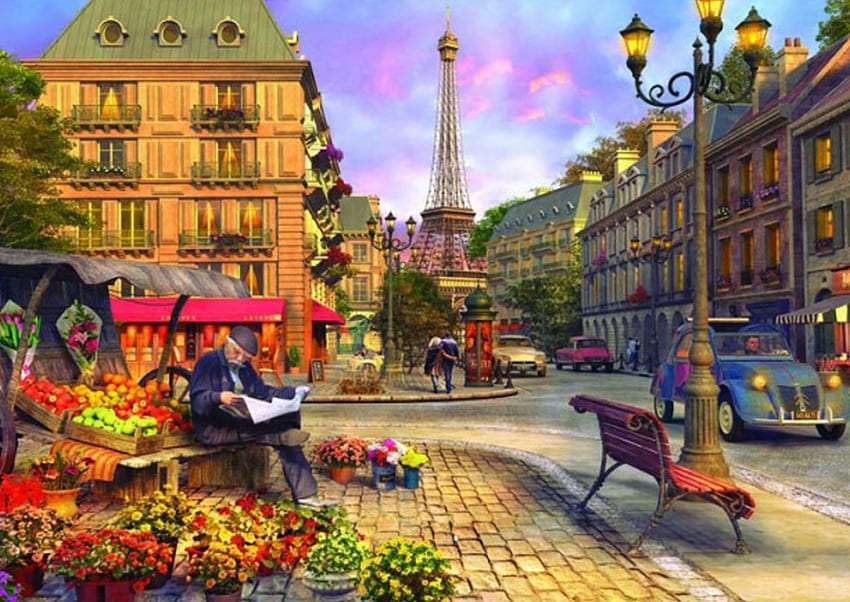 Paryski sprzedawca kwiatów i jabłek, sielski widok puzzle online