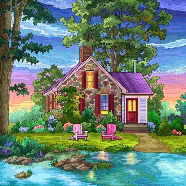 Dom z jeziorem w górach puzzle online