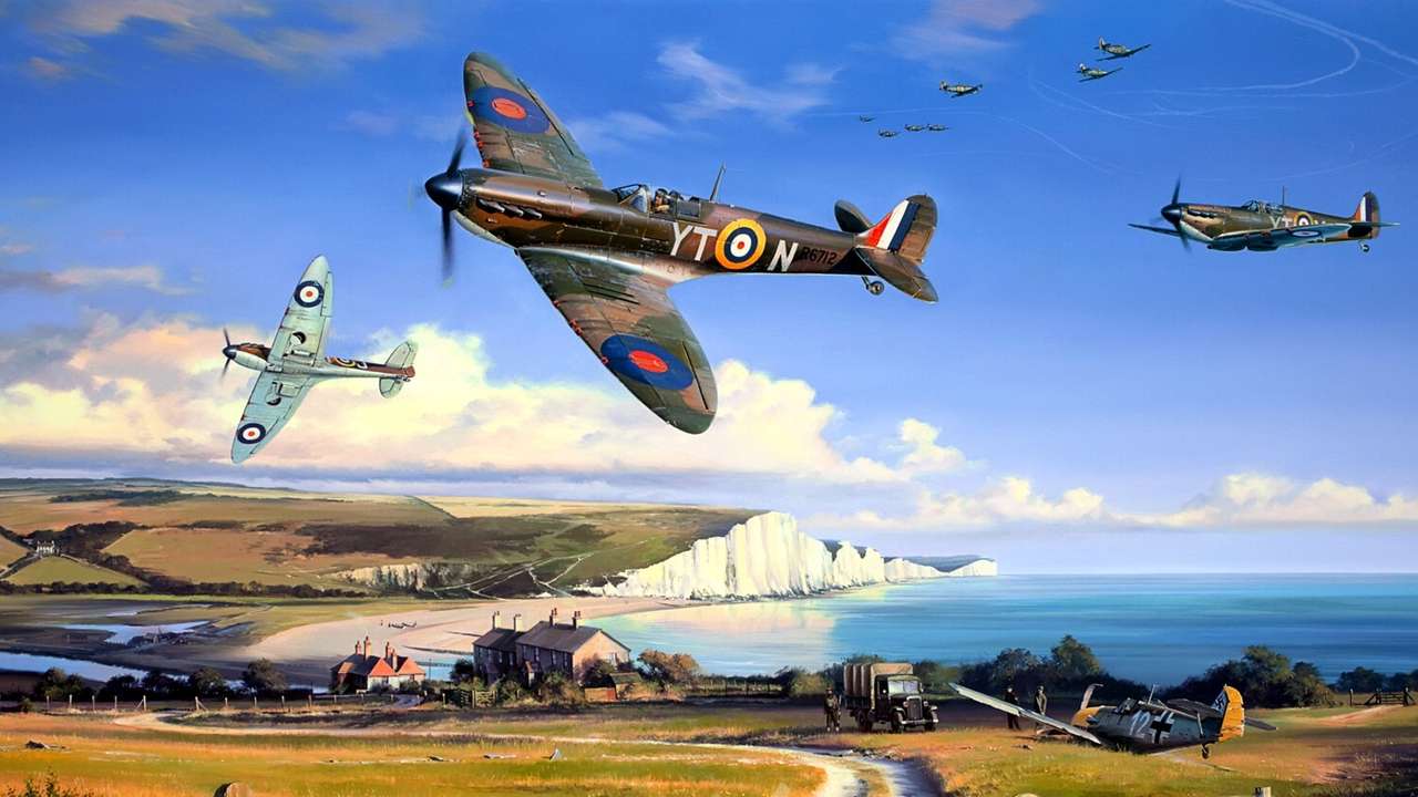 Spitfire nad białymi klifami Dover puzzle online