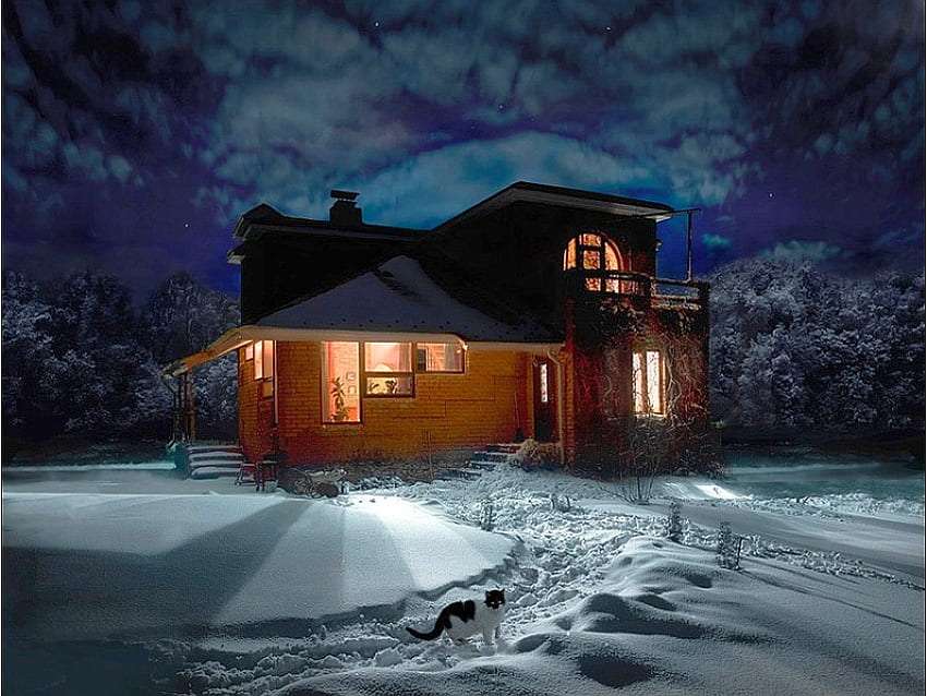 Zimowy ciekawy domek i fajny kotek puzzle online
