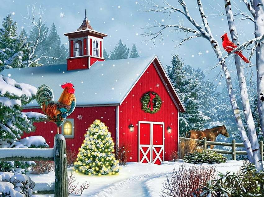 Zimowy krajobraz i czerwona stodoła, uroczy widok puzzle online