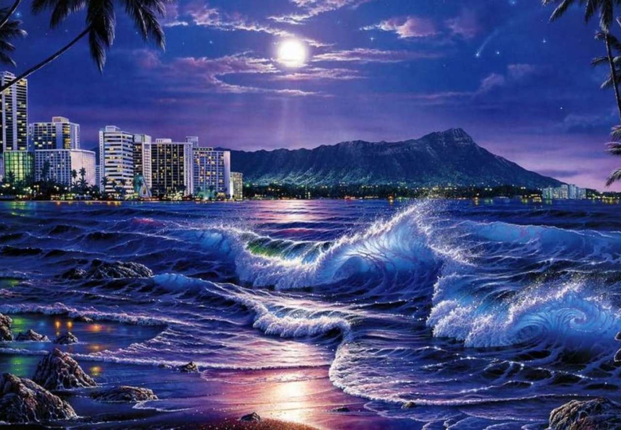 Niebieska noc nad morzem oświetlona księżycem, cudo puzzle online