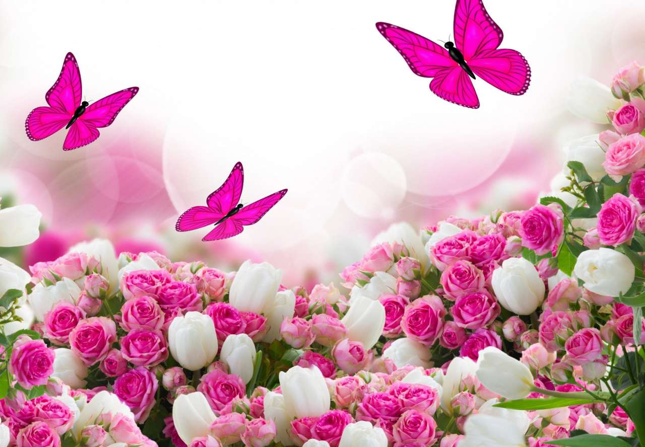 Po prostu piękne róże, tulipany, motyle puzzle online