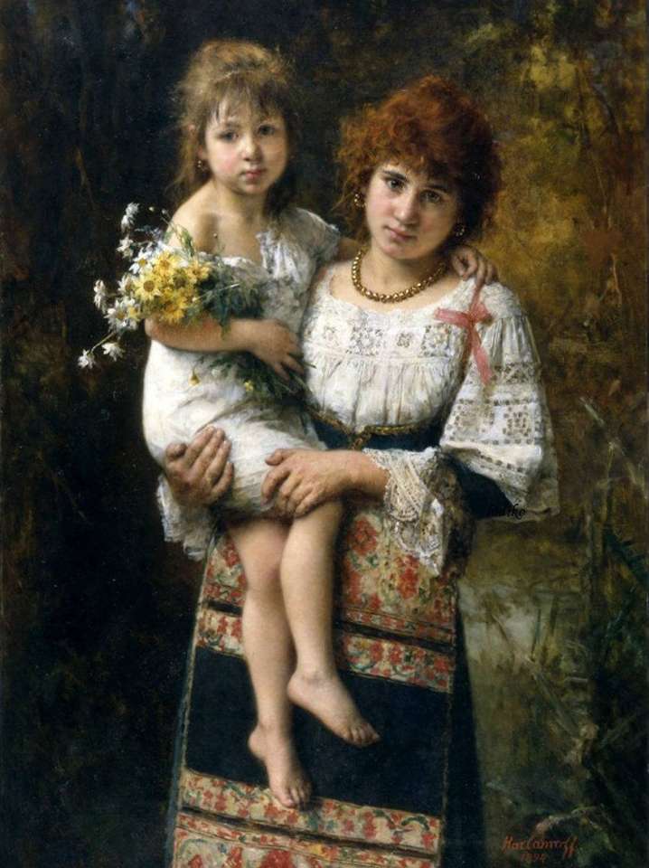 Matka i córka z letnimi kwiatami puzzle online