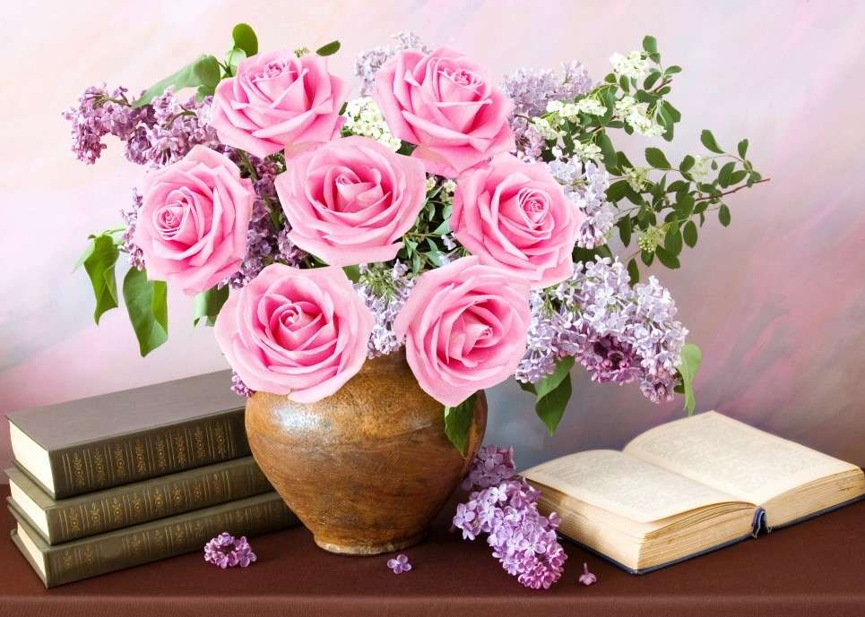 Róże z bzem w wazonie puzzle online