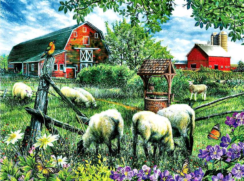 Farma owieczek -zajadają się zieloną trawką puzzle online
