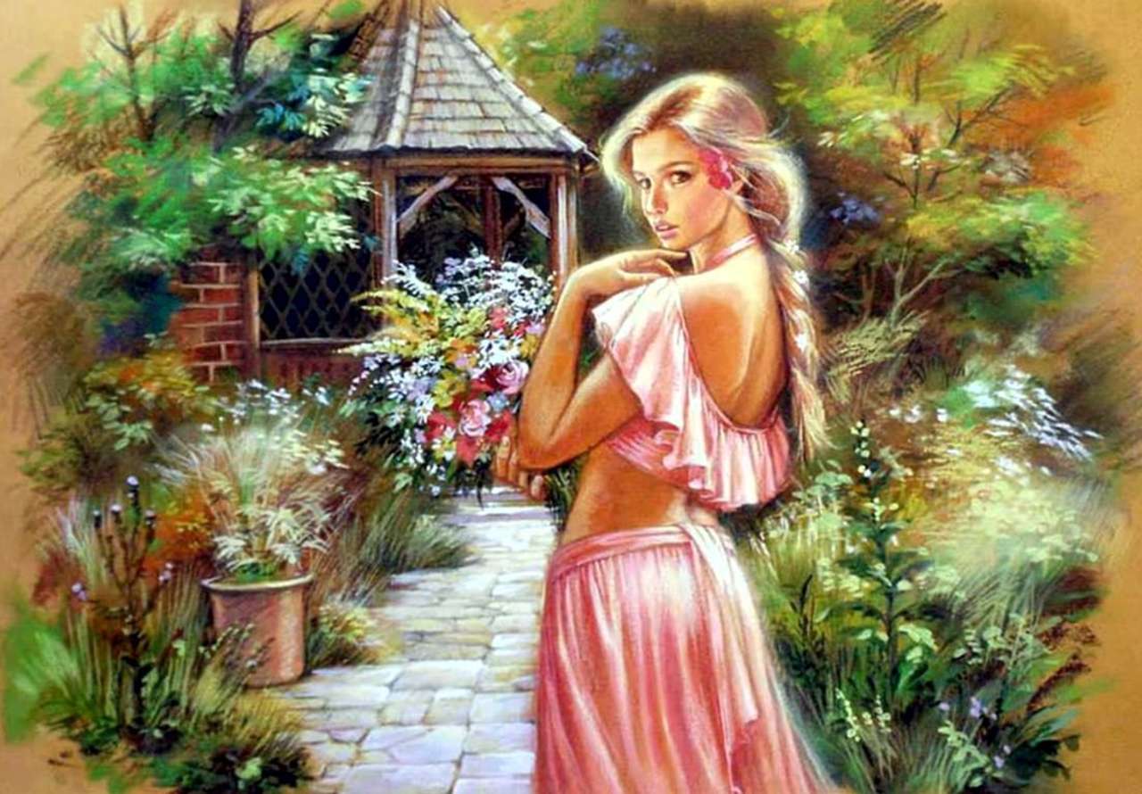 W pięknym ogrodzie piękna dziewczyna puzzle online