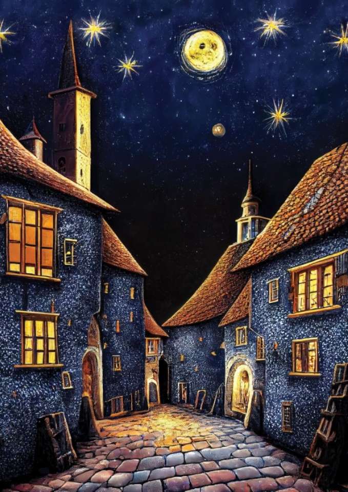 średniowieczna wioska w nocy puzzle online