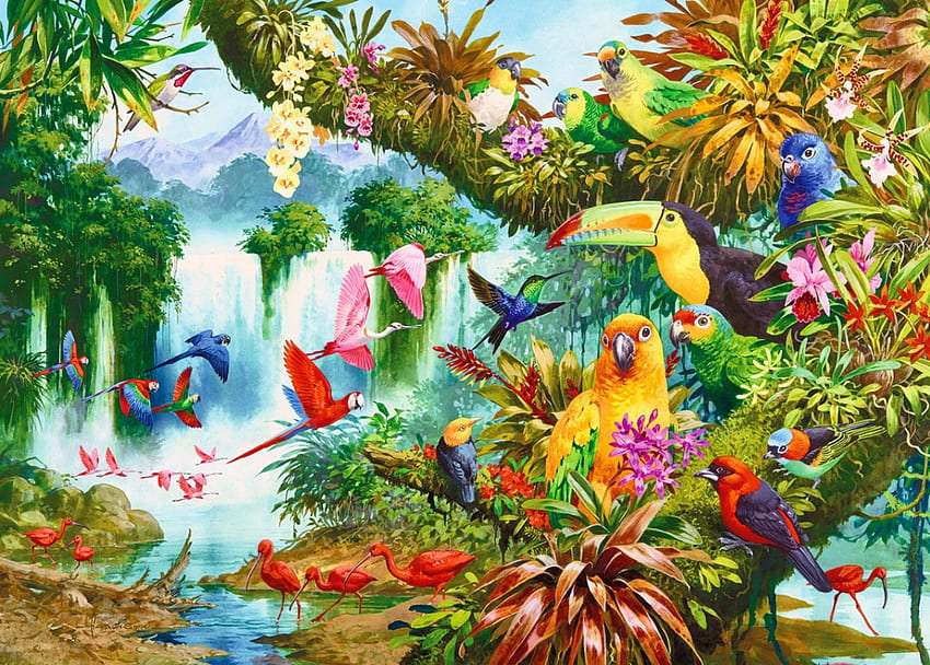 Tropikalna wysepka pełna kolorowych ptaków puzzle online