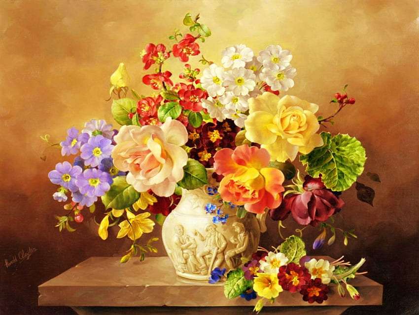 W pieknie rzeźbionym wazonie piękny bukiet kwiatów puzzle online
