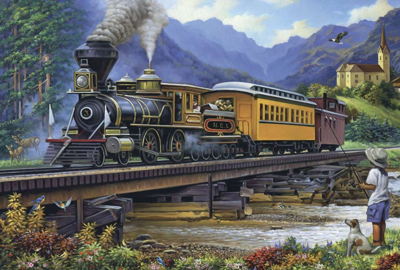 Bardzo stara lokomotywa i mały drewniany mostek puzzle online