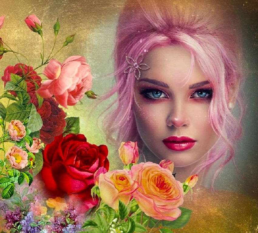 Piękne róże i piękna niebieskooka pani, cudo obraz puzzle online