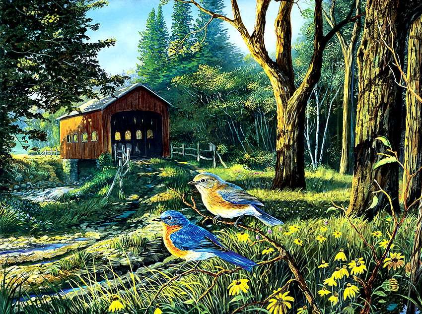 Kryty most, łąki, las śpiewajee ptaki, cudo puzzle online