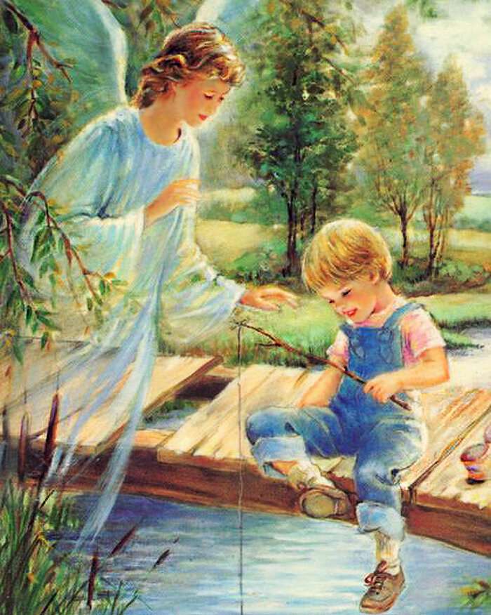 Anioł przy chłopcu nad rzeką puzzle online