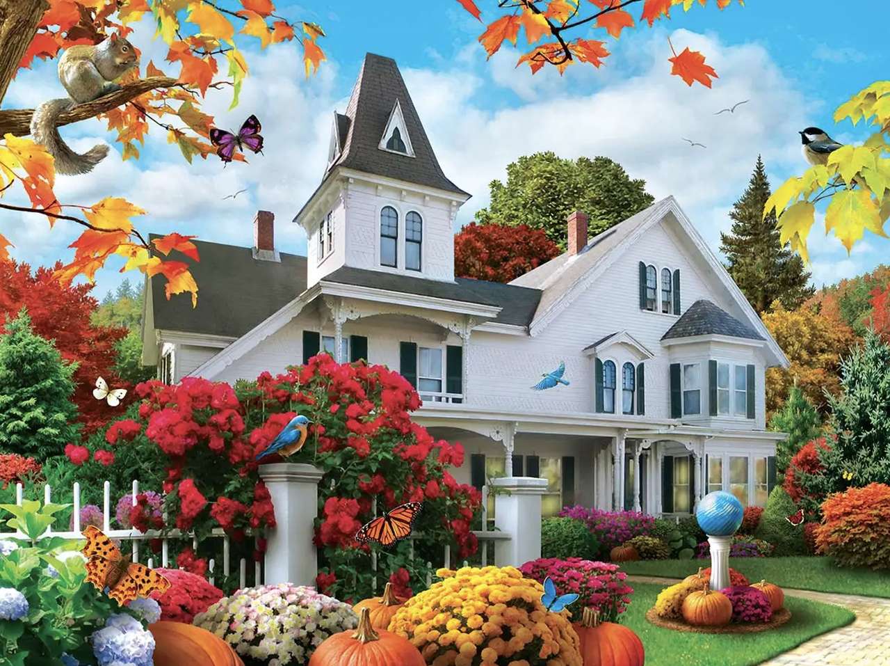 Piękny biały dom z cudownym ogrodem, sielanka puzzle online