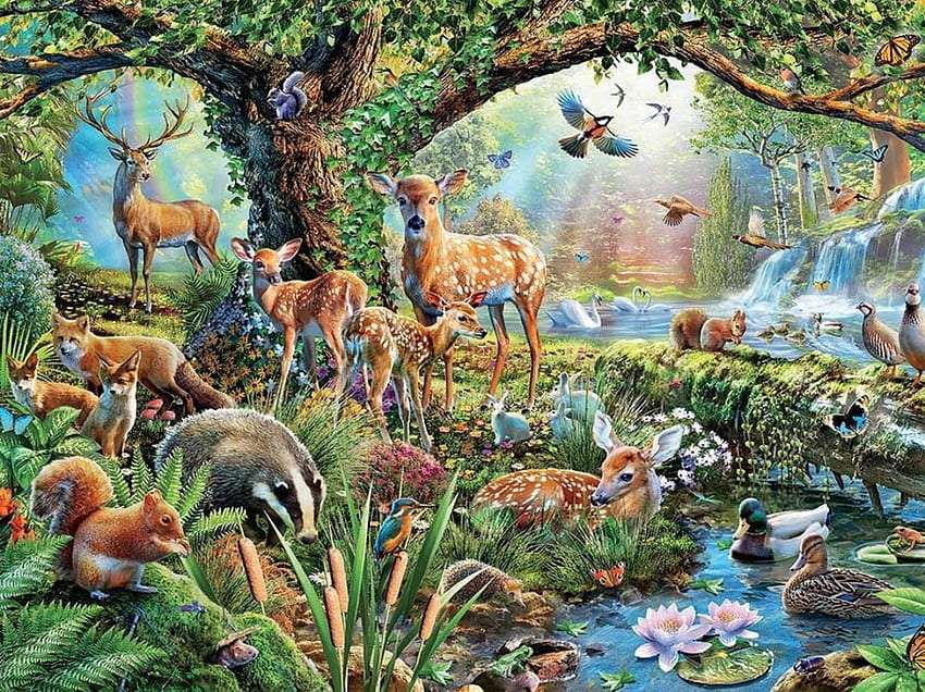 Rodzina jelenia w lesie wraz z przyjaciółmi:) puzzle online