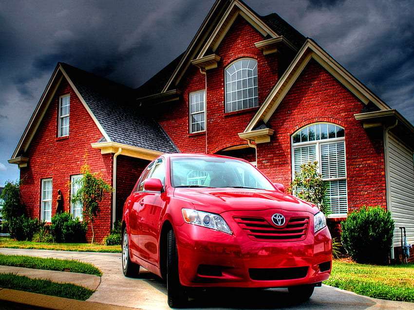 Harmonia koloru-czerwony dom, auto i zieleń puzzle online