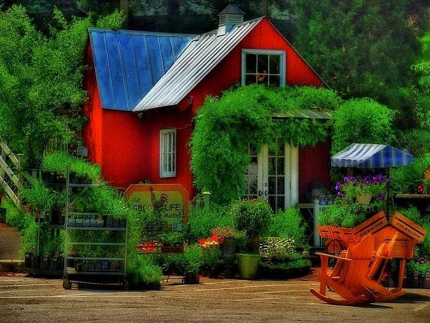 Czerwony dom wśród soczystej zieleni, cudo puzzle online