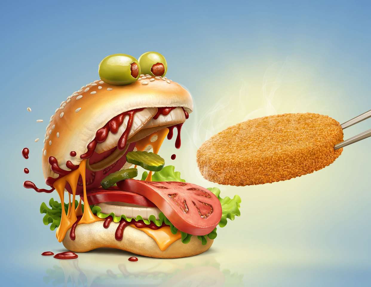 Zezłoszczony burger-no dawaj tego kotleta:) puzzle online