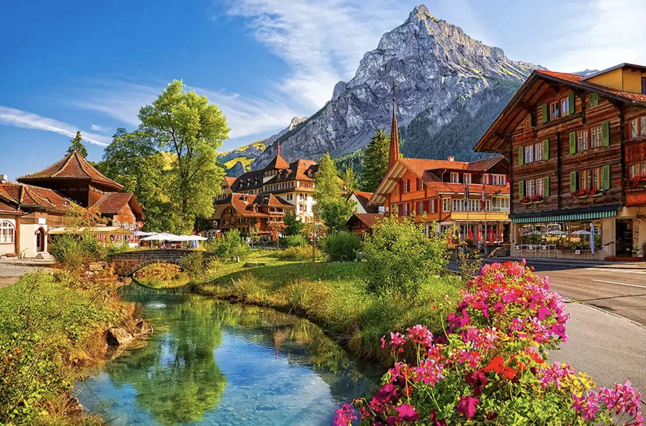 Szwajcaria- wioska u stóp gór, sceneria bajkowa puzzle online