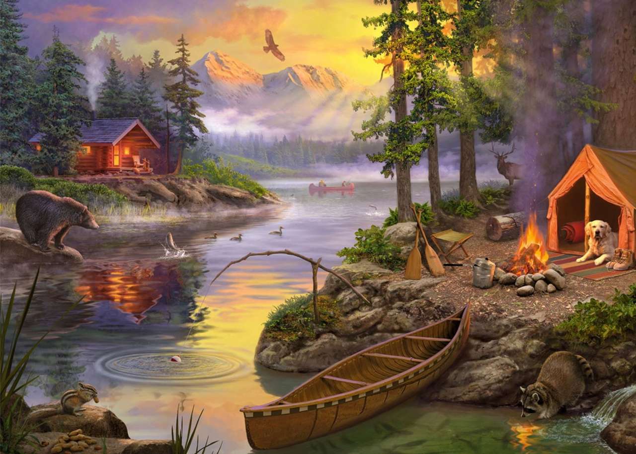 Domek i namiot wędkarza nad jeziorem puzzle online