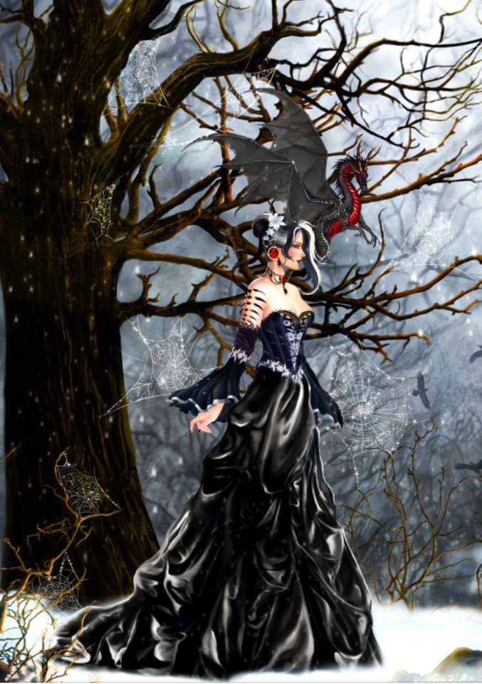 magik i jej smok w zimowym lesie puzzle online