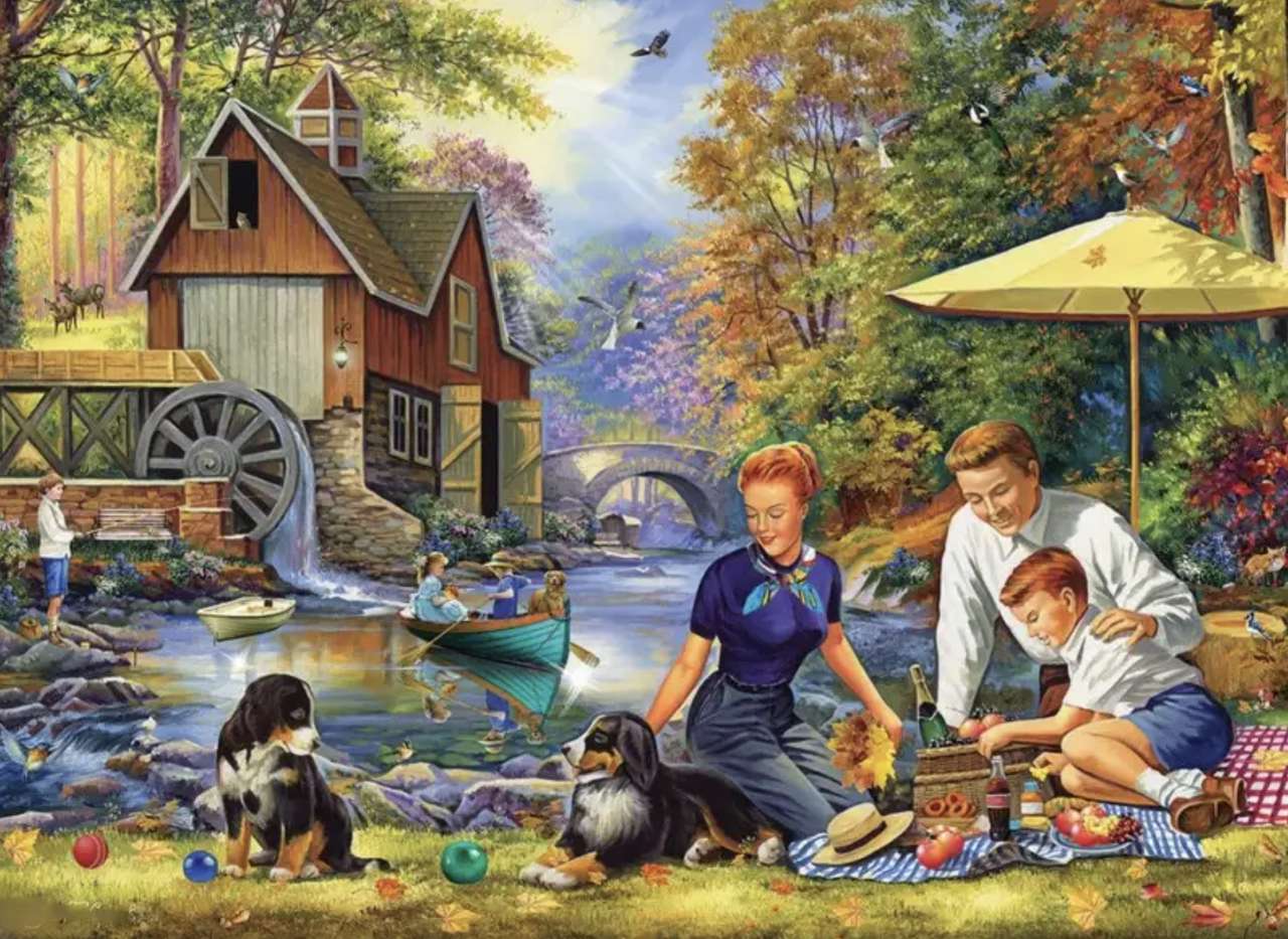 Rodzinny piknik nad rzeką. piękna sceneria puzzle online