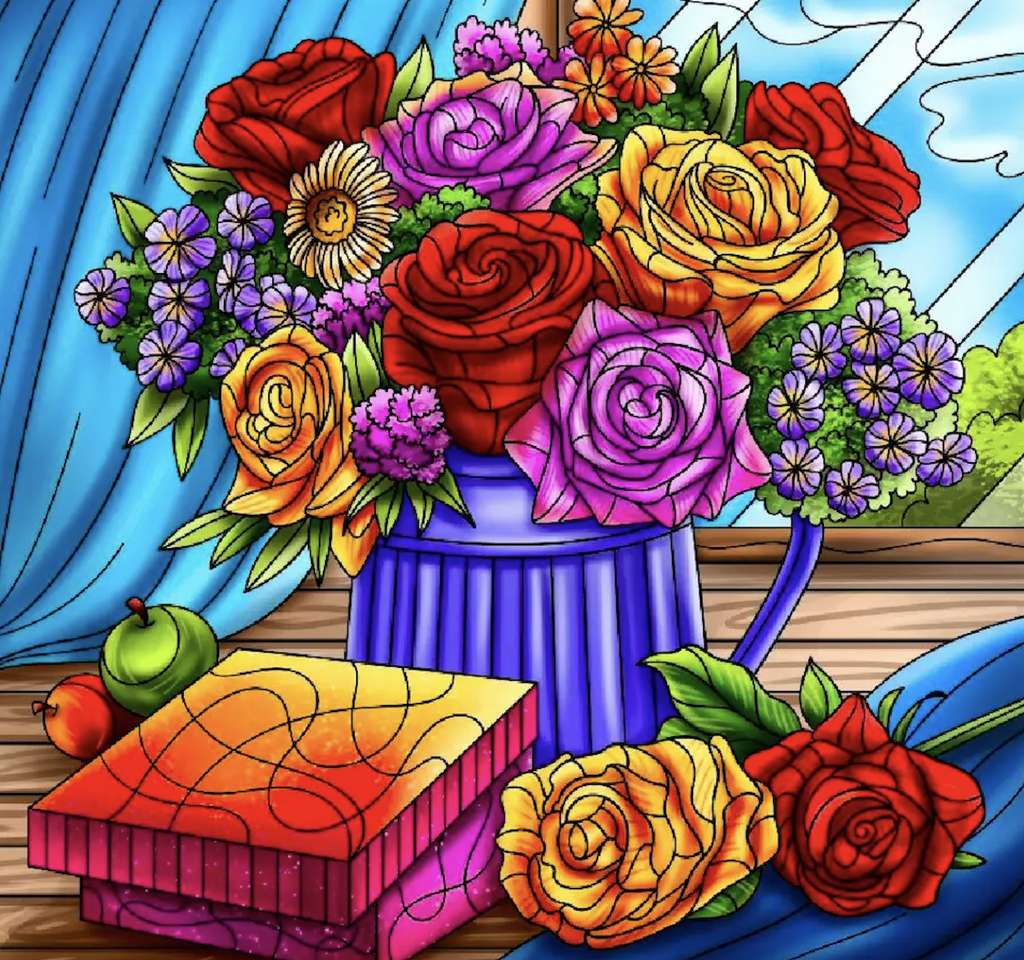Malowany witrażowy bukiet pięknych kwiatów puzzle online