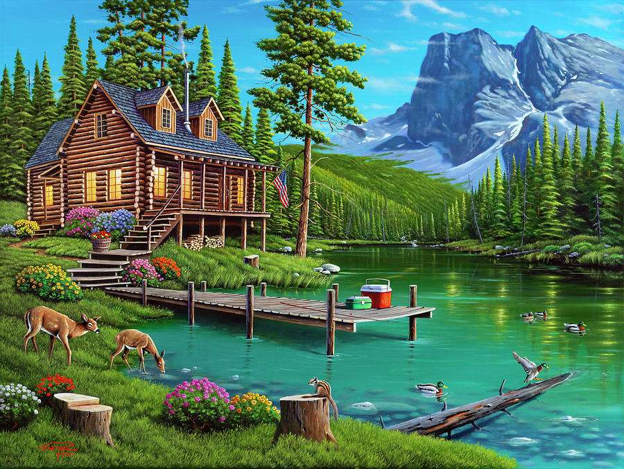 Dom nad jeziorem wieczorem puzzle online
