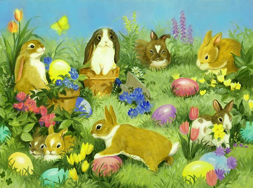 Gdy Wielkanoc nadchodzi króliczki pisanki królują puzzle online