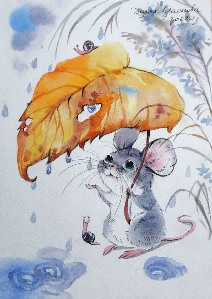 mała mysz chroniąca przed deszczem puzzle online