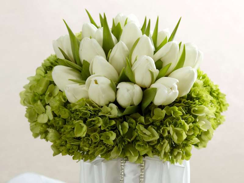 Białe tulipany, zielone hortensja co piękny bukiet puzzle online